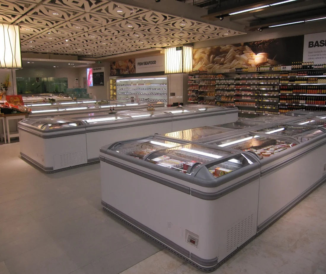 1040l supermarket meat cooler island freezer glass door display fridges commercial refrigerator