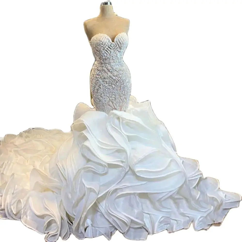 2024 Elegant Mermaid Wedding Dress Sweetheart Lace Appliques Beading Ruffle Satin Wedding Long Gown Robe De mariée