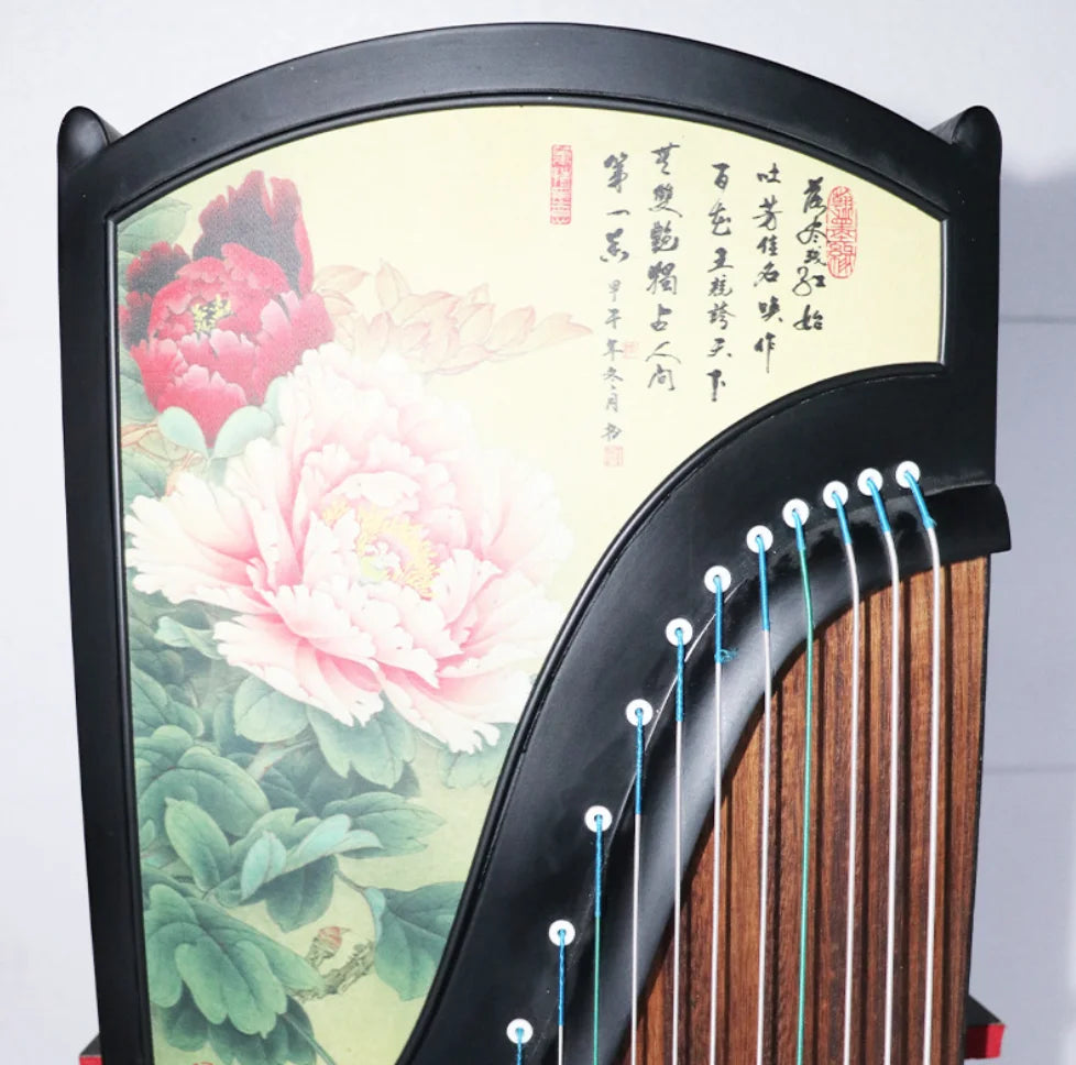 21 String Guzheng Silk Painting Green Peony