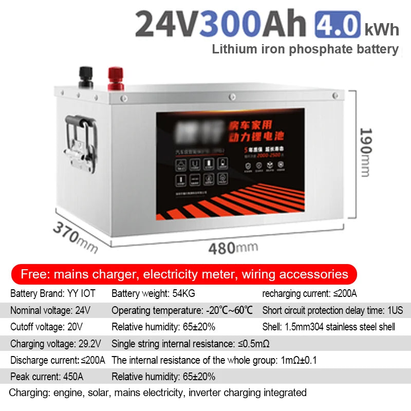 24V RV LiFePo4 Lithium Battery Outdoor Large Capacity 100AH 200AH 300AH 400AH 500AH 600AH 800AH Solar Charging
