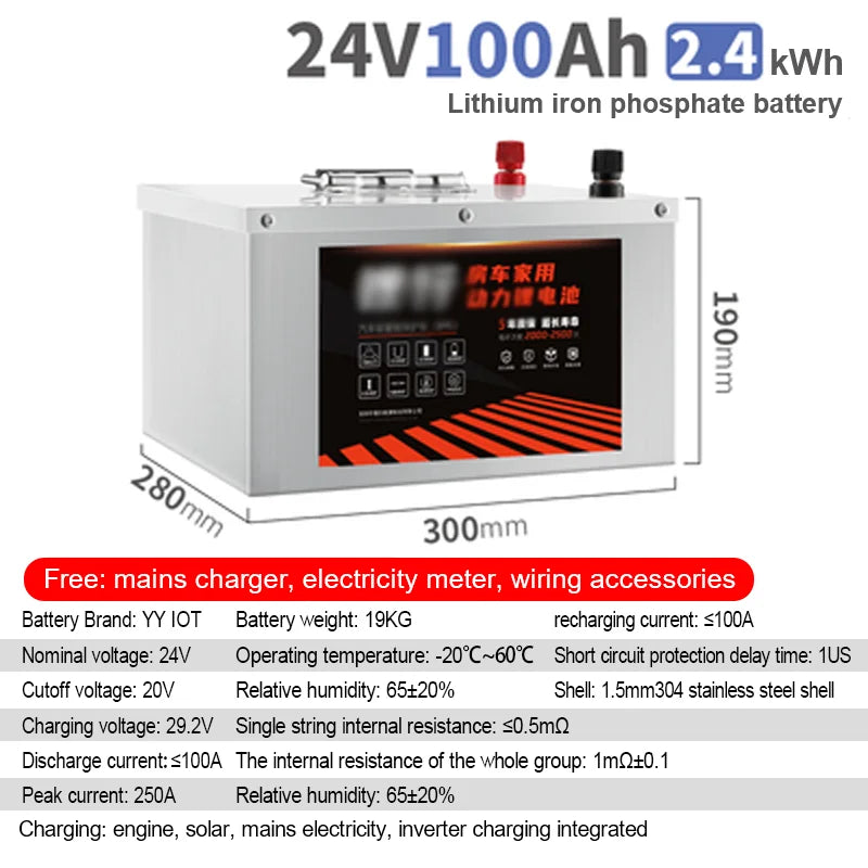 24V RV LiFePo4 Lithium Battery Outdoor Large Capacity 100AH 200AH 300AH 400AH 500AH 600AH 800AH Solar Charging