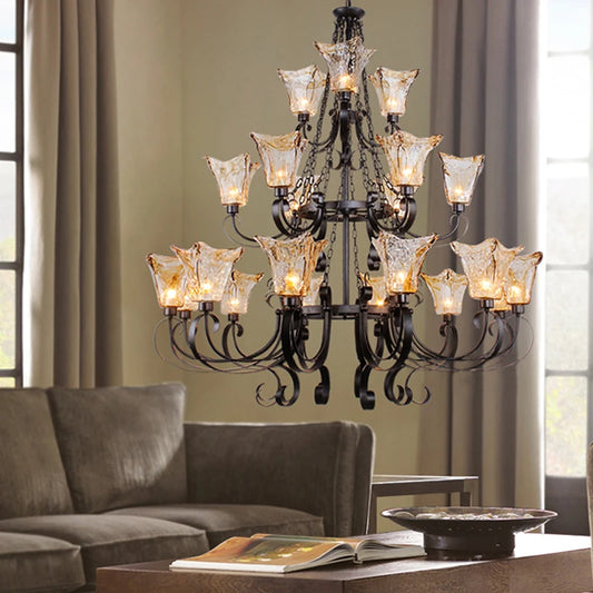 3 Layer Luxury Large Black Chandelier Lighting American Wrought Iron Long Chandelier Villa Hotel Living Room Retro Hanging Lamps