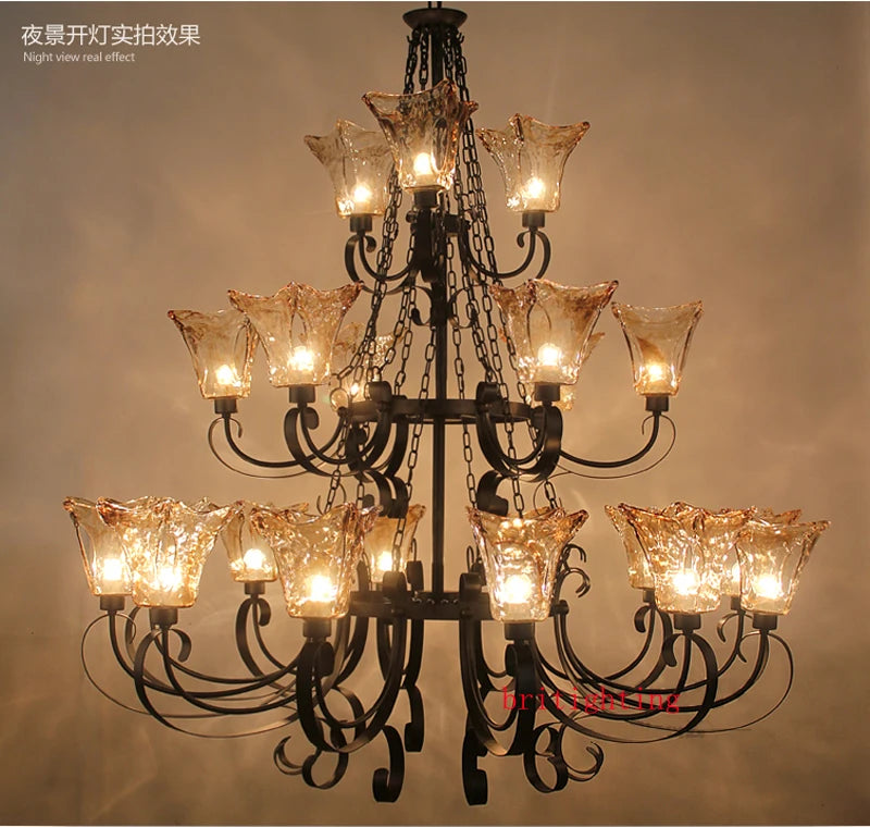 3 Layer Luxury Large Black Chandelier Lighting American Wrought Iron Long Chandelier Villa Hotel Living Room Retro Hanging Lamps