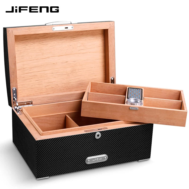 410x280x200mm Cedar Wood Cigar Humidor JIFENG Large-Capacity 120 Cigar Case Professional Carbon Fiber Multi-Zone Storage Box