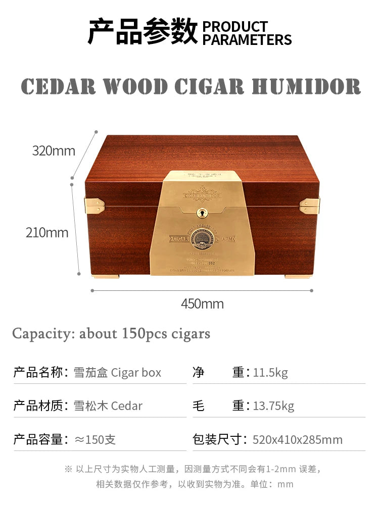 450x320x210mm Cedar Wood Cigar Humidor JIFENG Large-Capacity 150 Cigar Case Professional Solid Wood Paint 2-Layer Storage Box