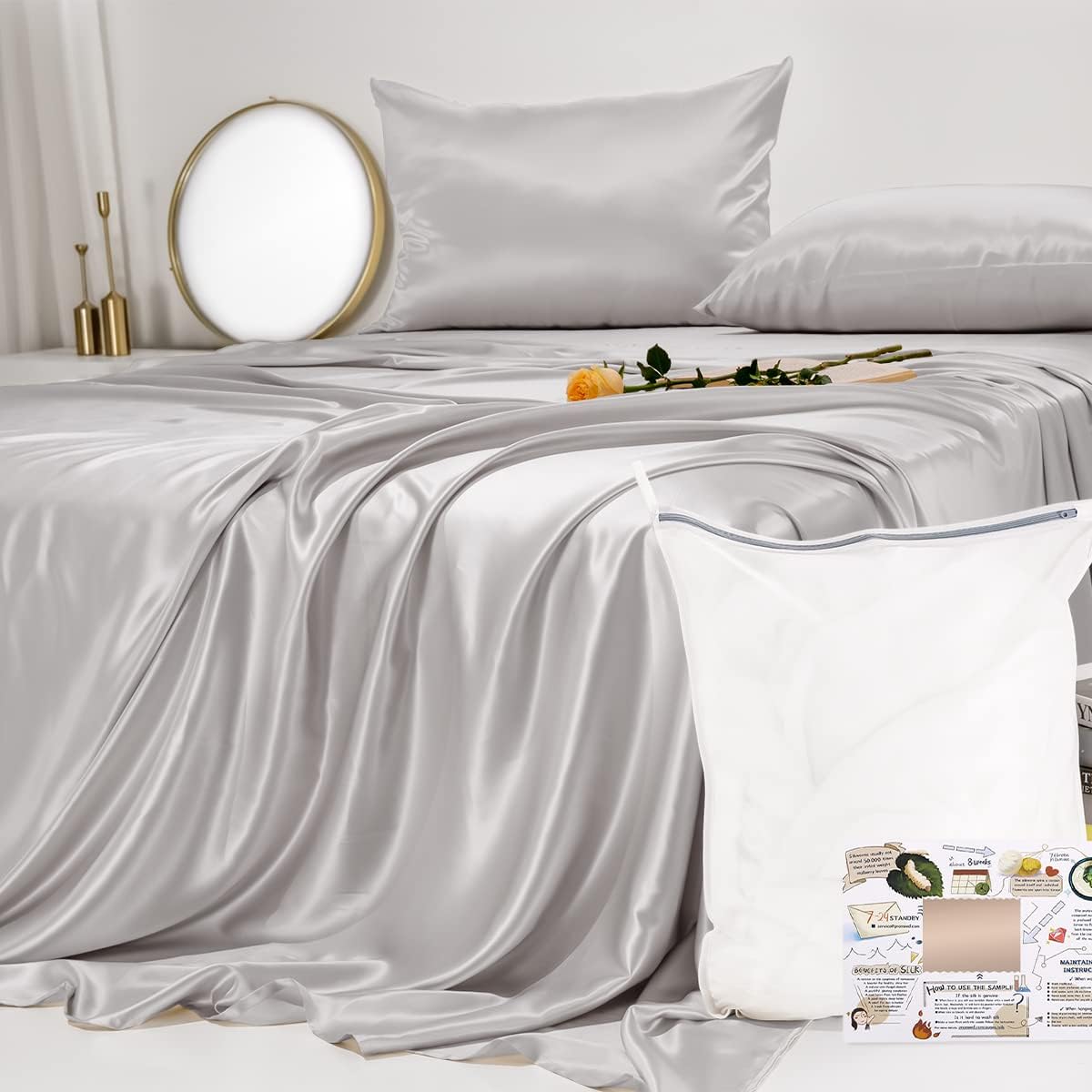 23 Momme California King Silk Sheets Set 4 Pieces, Includes Flat Sheet, Fitted Sheet and 2pcs Pillowcases, 4pcs Mulberry Silk Sheet Set for Cal King Bed (Champagne, California King)