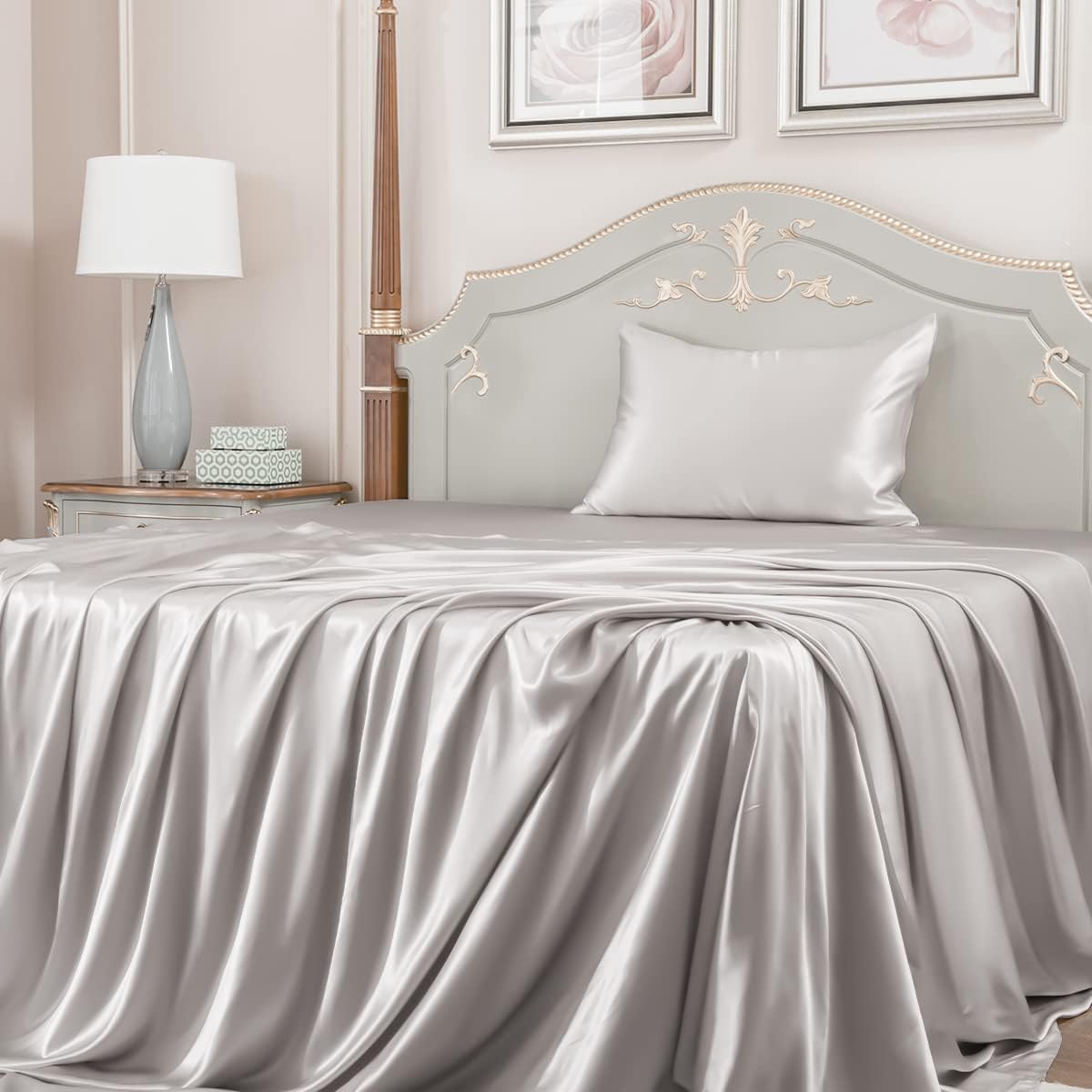 23 Momme California King Silk Sheets Set 4 Pieces, Includes Flat Sheet, Fitted Sheet and 2pcs Pillowcases, 4pcs Mulberry Silk Sheet Set for Cal King Bed (Champagne, California King)