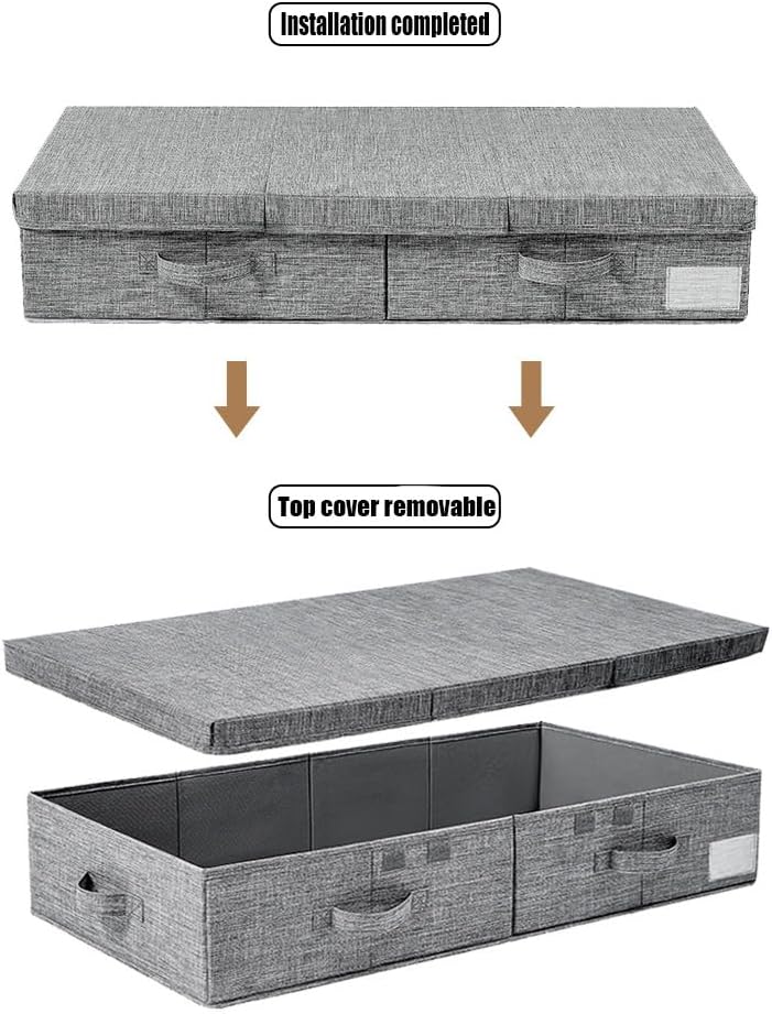 ANTNX Under bed storage box with lid 2-piece with handle with label Collapsible stackable storage box for organizing clothes, shoes, blankets, pillows, sheets (gray)