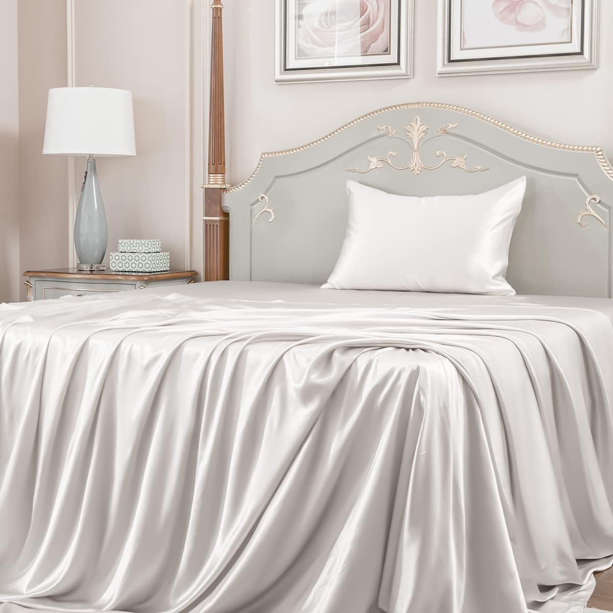 23 Momme California King Silk Sheets Set 4 Pieces, Includes Flat Sheet, Fitted Sheet and 2pcs Pillowcases, 4pcs Mulberry Silk Sheet Set for Cal King Bed (Champagne, California King)
