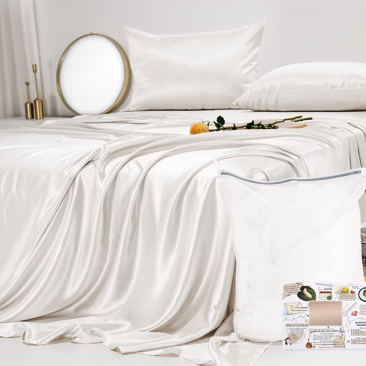 23 Momme California King Silk Sheets Set 4 Pieces, Includes Flat Sheet, Fitted Sheet and 2pcs Pillowcases, 4pcs Mulberry Silk Sheet Set for Cal King Bed (Champagne, California King)