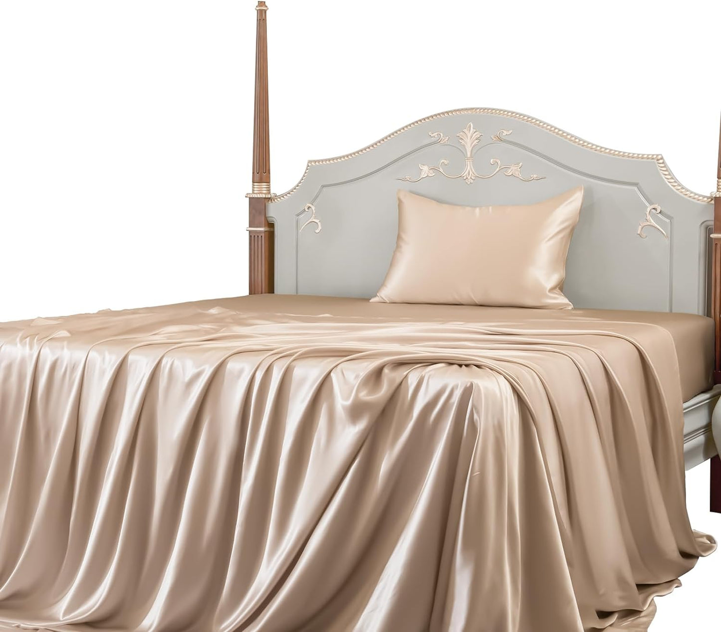 23 Momme California King Silk Sheets Set 4 Pieces, Includes Flat Sheet, Fitted Sheet and 2pcs Pillowcases, 4pcs Mulberry Silk Sheet Set for Cal King Bed (Champagne, California King)