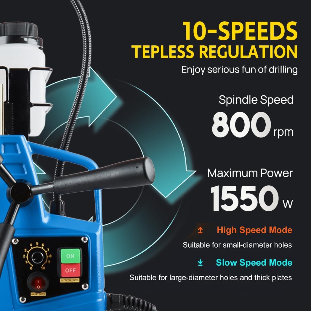 PORIYA 1550W Magnetic Drill 50mm Coring 2922lbf/13000N Electric Mag Drill Press with 500RPM 6 Bits Blue for Heavy - Duty and Home Use