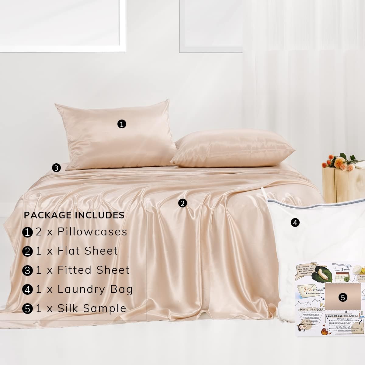 23 Momme California King Silk Sheets Set 4 Pieces, Includes Flat Sheet, Fitted Sheet and 2pcs Pillowcases, 4pcs Mulberry Silk Sheet Set for Cal King Bed (Champagne, California King)