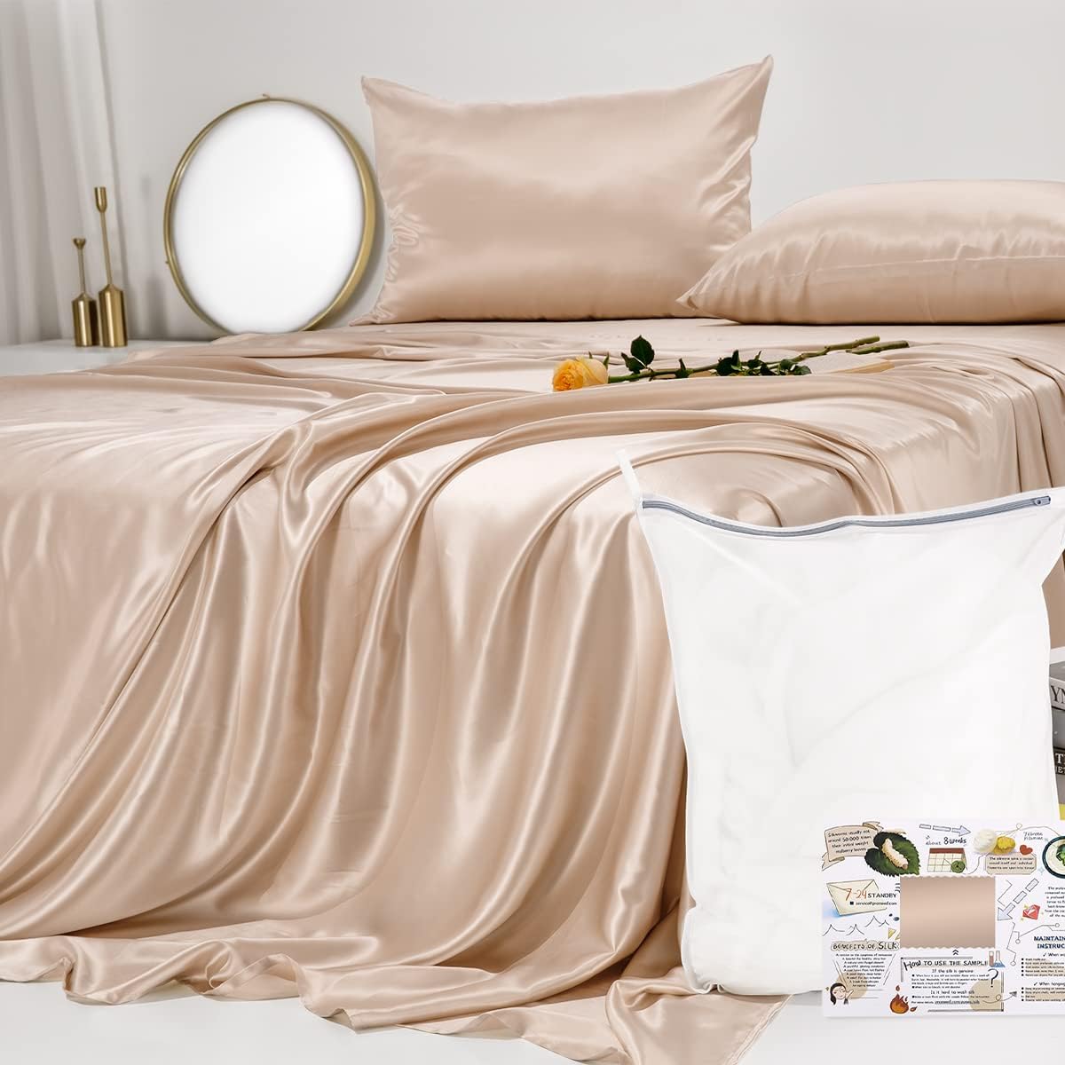 23 Momme California King Silk Sheets Set 4 Pieces, Includes Flat Sheet, Fitted Sheet and 2pcs Pillowcases, 4pcs Mulberry Silk Sheet Set for Cal King Bed (Champagne, California King)