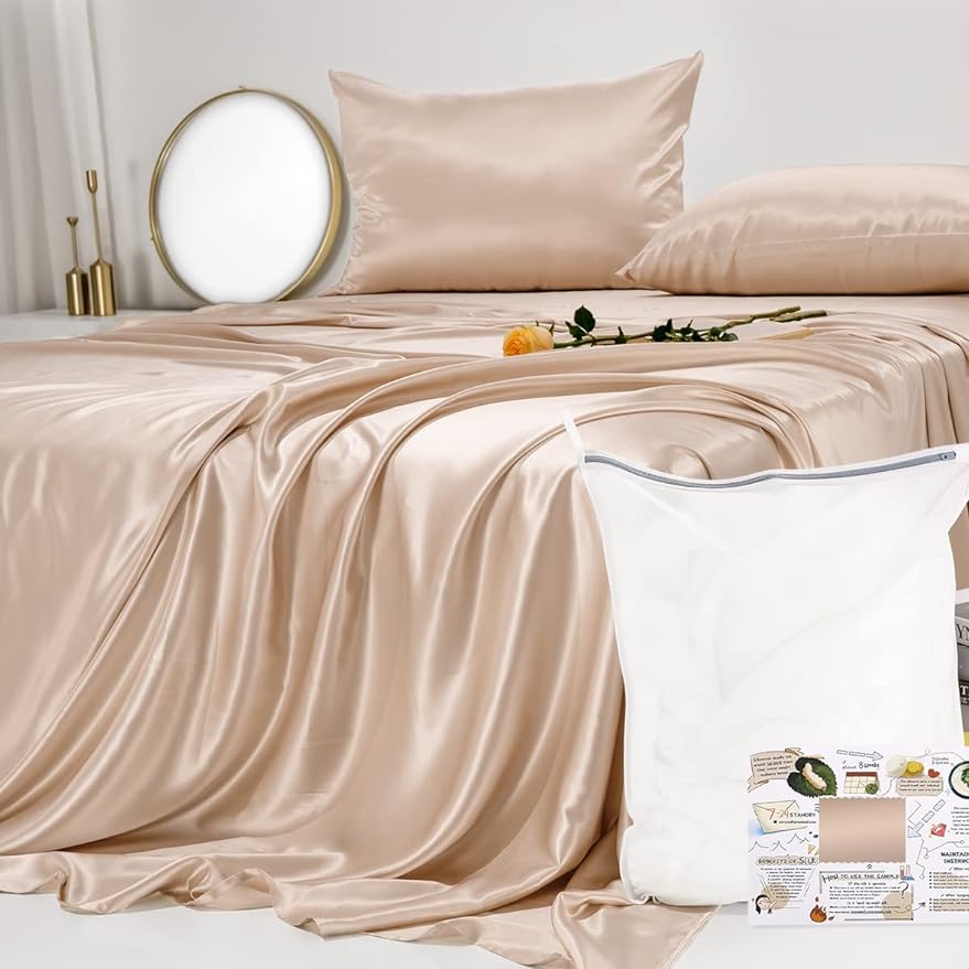 23 Momme California King Silk Sheets Set 4 Pieces, Includes Flat Sheet, Fitted Sheet and 2pcs Pillowcases, 4pcs Mulberry Silk Sheet Set for Cal King Bed (Champagne, California King)