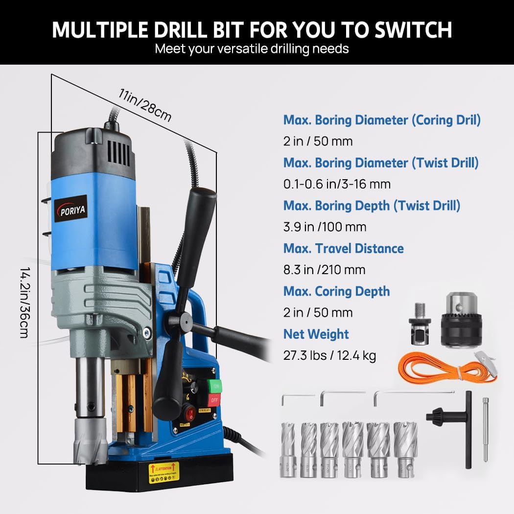 PORIYA 1550W Magnetic Drill 50mm Coring 2922lbf/13000N Electric Mag Drill Press with 500RPM 6 Bits Blue for Heavy - Duty and Home Use