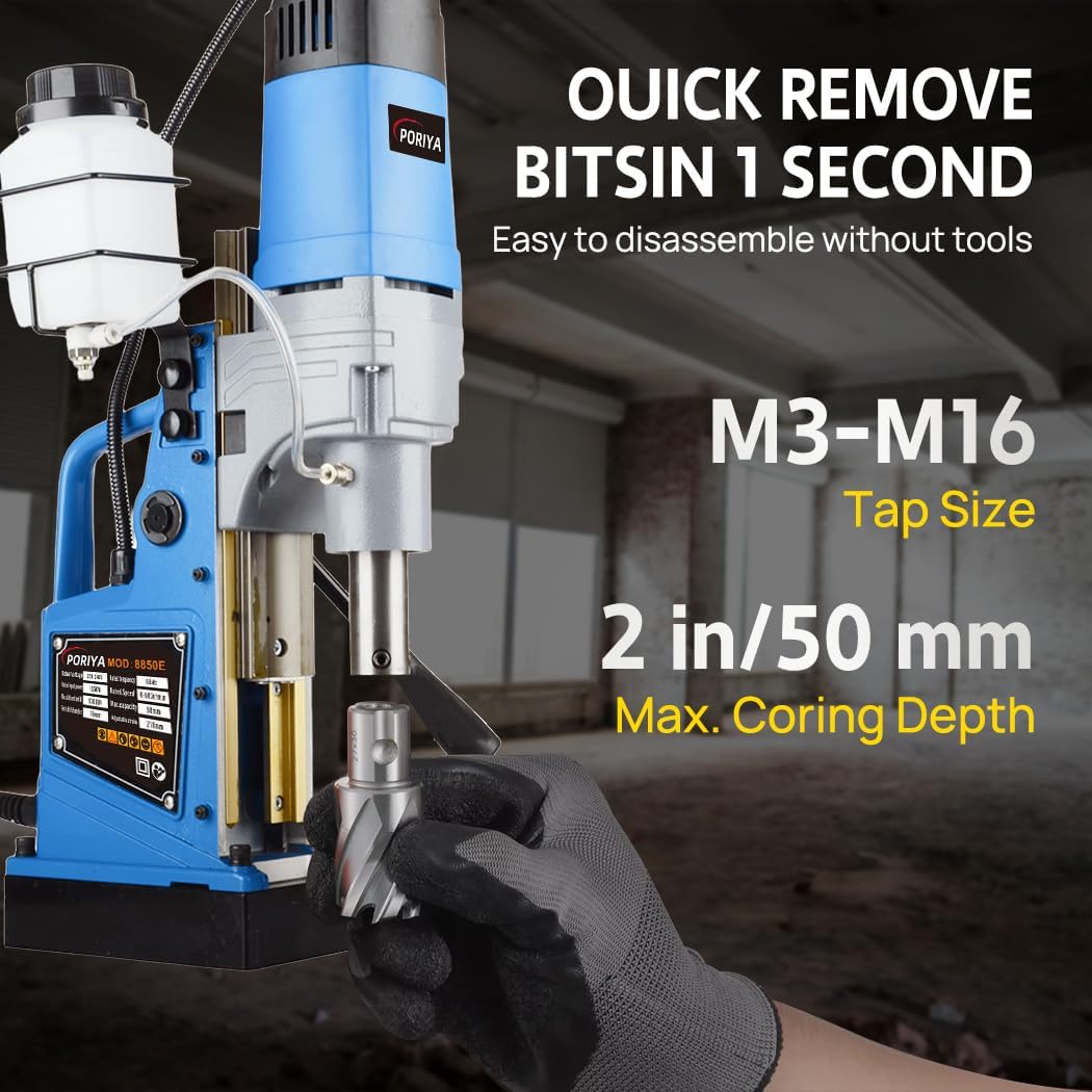 PORIYA 1550W Magnetic Drill 50mm Coring 2922lbf/13000N Electric Mag Drill Press with 500RPM 6 Bits Blue for Heavy - Duty and Home Use
