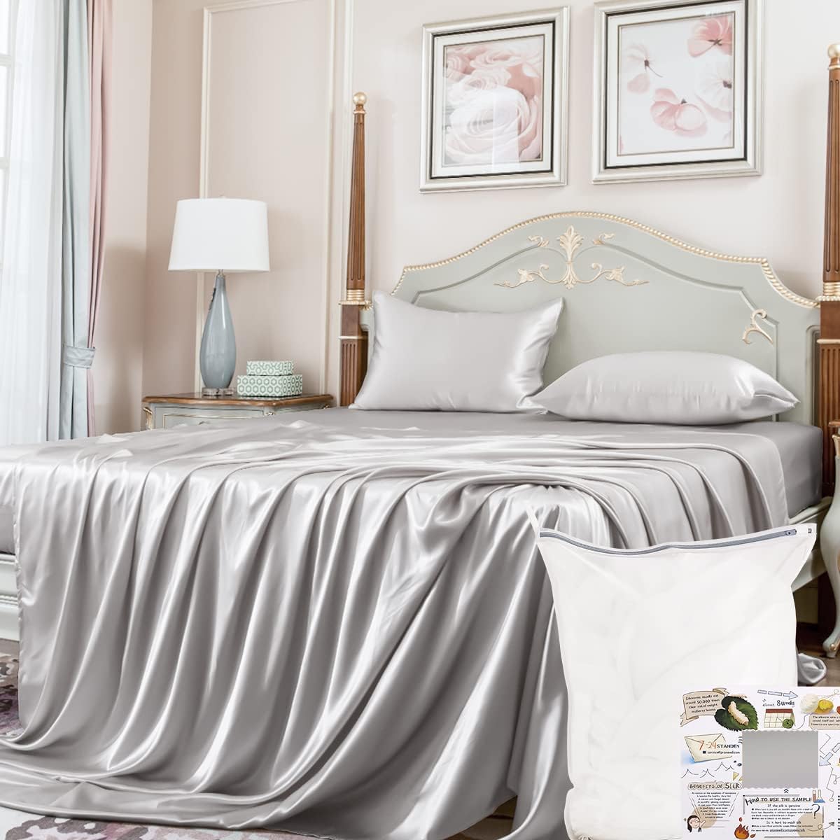 23 Momme California King Silk Sheets Set 4 Pieces, Includes Flat Sheet, Fitted Sheet and 2pcs Pillowcases, 4pcs Mulberry Silk Sheet Set for Cal King Bed (Champagne, California King)