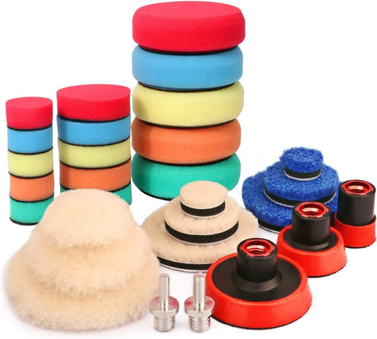 ANTNX 29 Piece Drill Buffing & Detail Polishing Pad Kit 1-inch,2-inch,3-inch with 5/8"-11 Thread Backing pad & Adapters for Car Sanding, Polishing, Waxing, Sealing Glaze