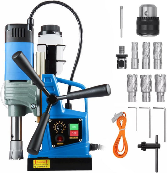 PORIYA 1550W Magnetic Drill 50mm Coring 2922lbf/13000N Electric Mag Drill Press with 500RPM 6 Bits Blue for Heavy - Duty and Home Use
