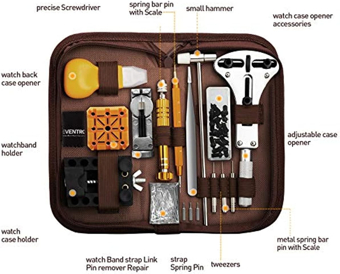 ANTNX 166PCS Professional Watch Repair Tool Kit With Press Set, Spring Bar Tools, Band Link Pin Set, Battery Replacement Kit - Yellow Carrying Case Included