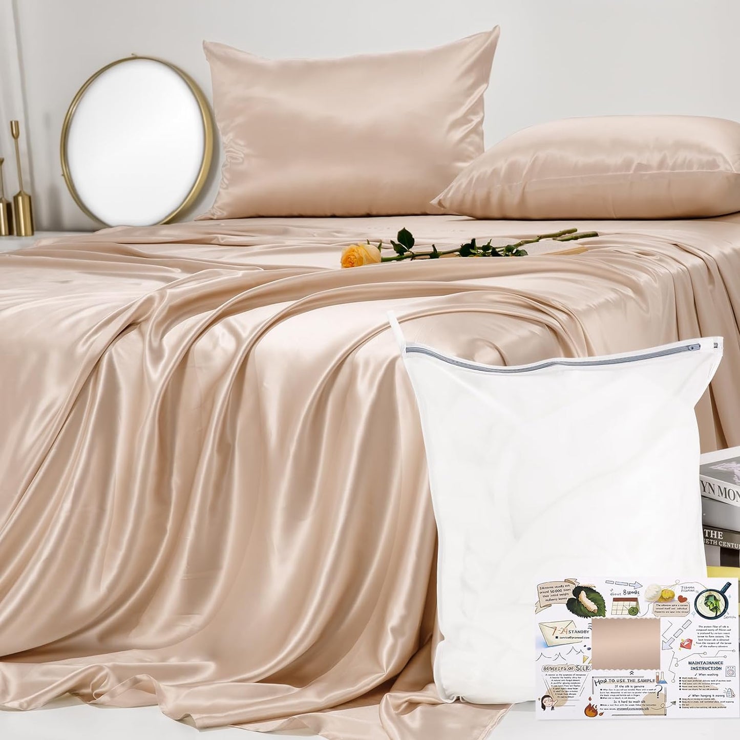 23 Momme California King Silk Sheets Set 4 Pieces, Includes Flat Sheet, Fitted Sheet and 2pcs Pillowcases, 4pcs Mulberry Silk Sheet Set for Cal King Bed (Champagne, California King)