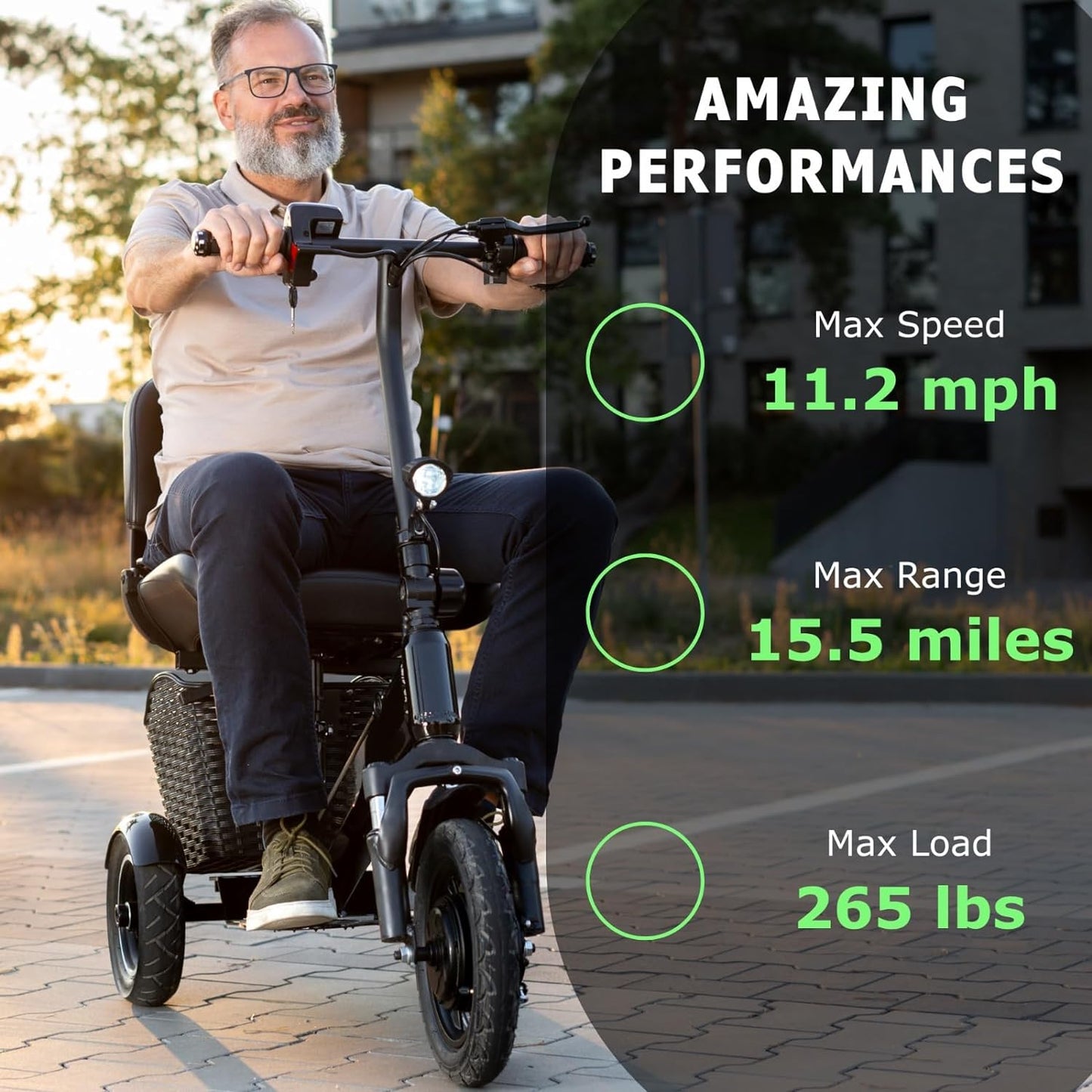 MobiliGo - 3 Wheel Foldable Electric Mobility Scooters for Adults, Seniors, and Elderly - Folding Scooter Lightweight - Long Range Travel, Power Extended Battery with Charger and Basket Included