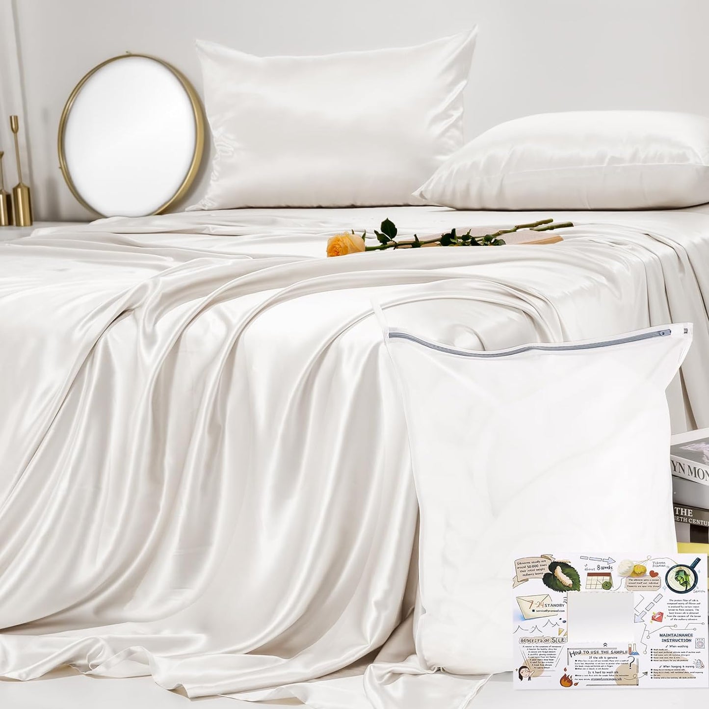 23 Momme California King Silk Sheets Set 4 Pieces, Includes Flat Sheet, Fitted Sheet and 2pcs Pillowcases, 4pcs Mulberry Silk Sheet Set for Cal King Bed (Champagne, California King)