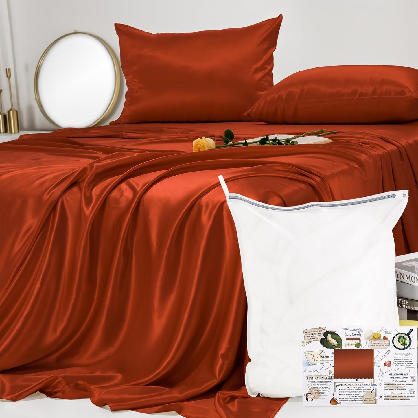 23 Momme California King Silk Sheets Set 4 Pieces, Includes Flat Sheet, Fitted Sheet and 2pcs Pillowcases, 4pcs Mulberry Silk Sheet Set for Cal King Bed (Champagne, California King)
