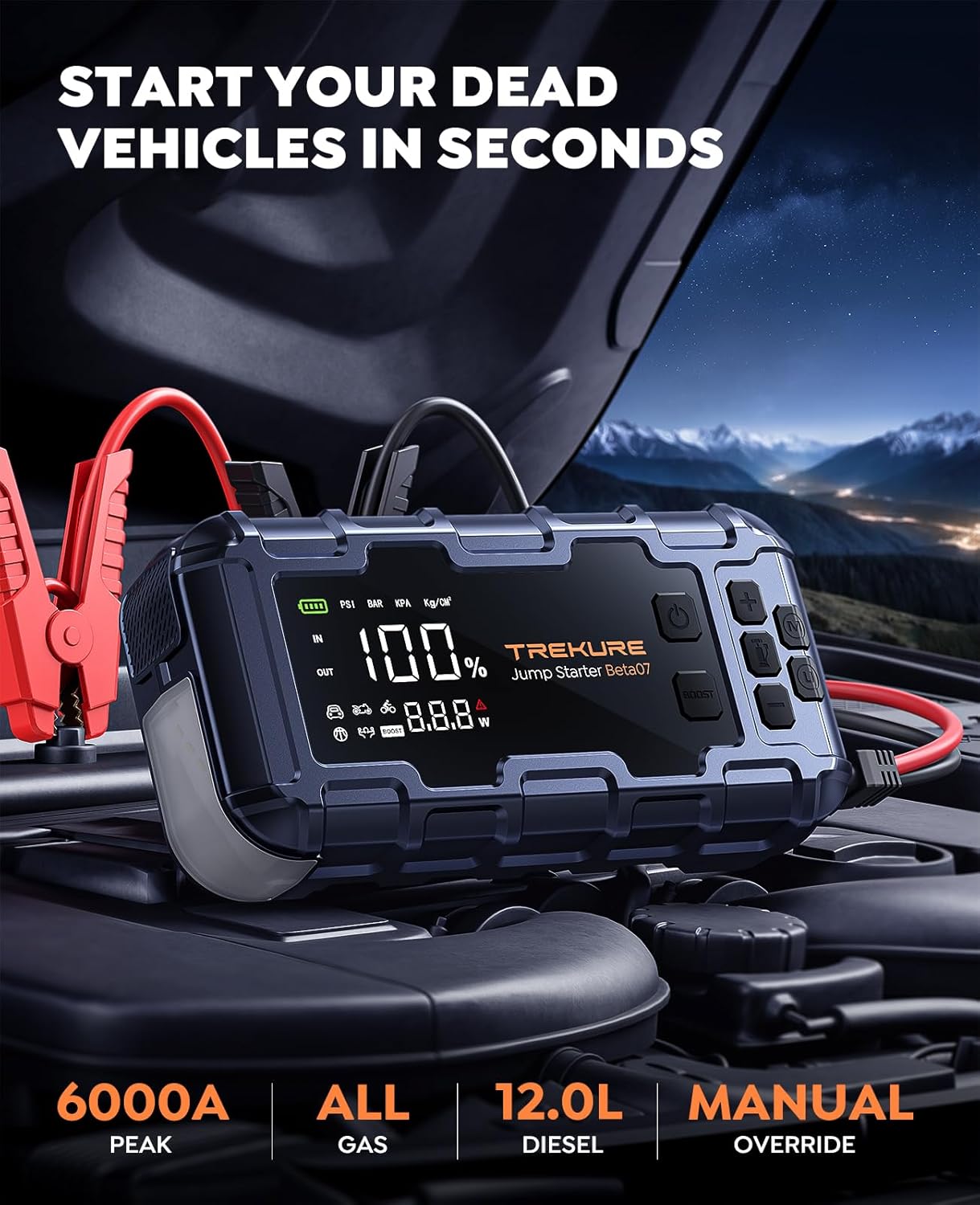 TREKURE 6000A Jump Starter with Air Compressor 160PSI, 45W Charging Car Battery Jump Starter for All Gas/ 12L Diesel, 12V Car Jumper Starter Power Bank Charger Portable with Gloves, Lights