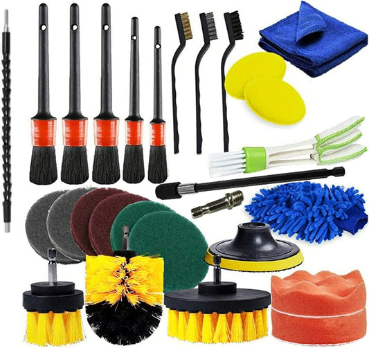 ANTNX 27 PCS Drill Brush Attachments Car Detailing Brush Kit for Auto Exterior and Interior Includes Scrub Pads Sponges Detailing Brushes Washing Mitt Air Vent Brush Cleaning Cloth Home Cleaning Set