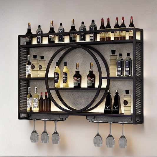 ANTNX Wall Mounted Metal Wine Rack,Wine Bottle Shelf, 3-Tier Metal Bar Shelf with Glass Holder & Rust-Proof Coating,Multifunctional Display for Home/Bar/Kitchen (100cmX15cmX80cm)