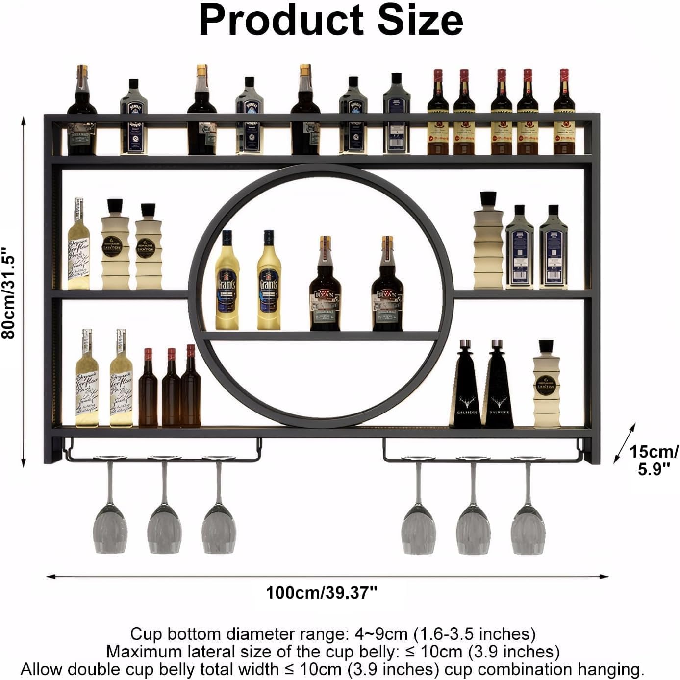 ANTNX Wall Mounted Metal Wine Rack,Wine Bottle Shelf, 3-Tier Metal Bar Shelf with Glass Holder & Rust-Proof Coating,Multifunctional Display for Home/Bar/Kitchen (100cmX15cmX80cm)