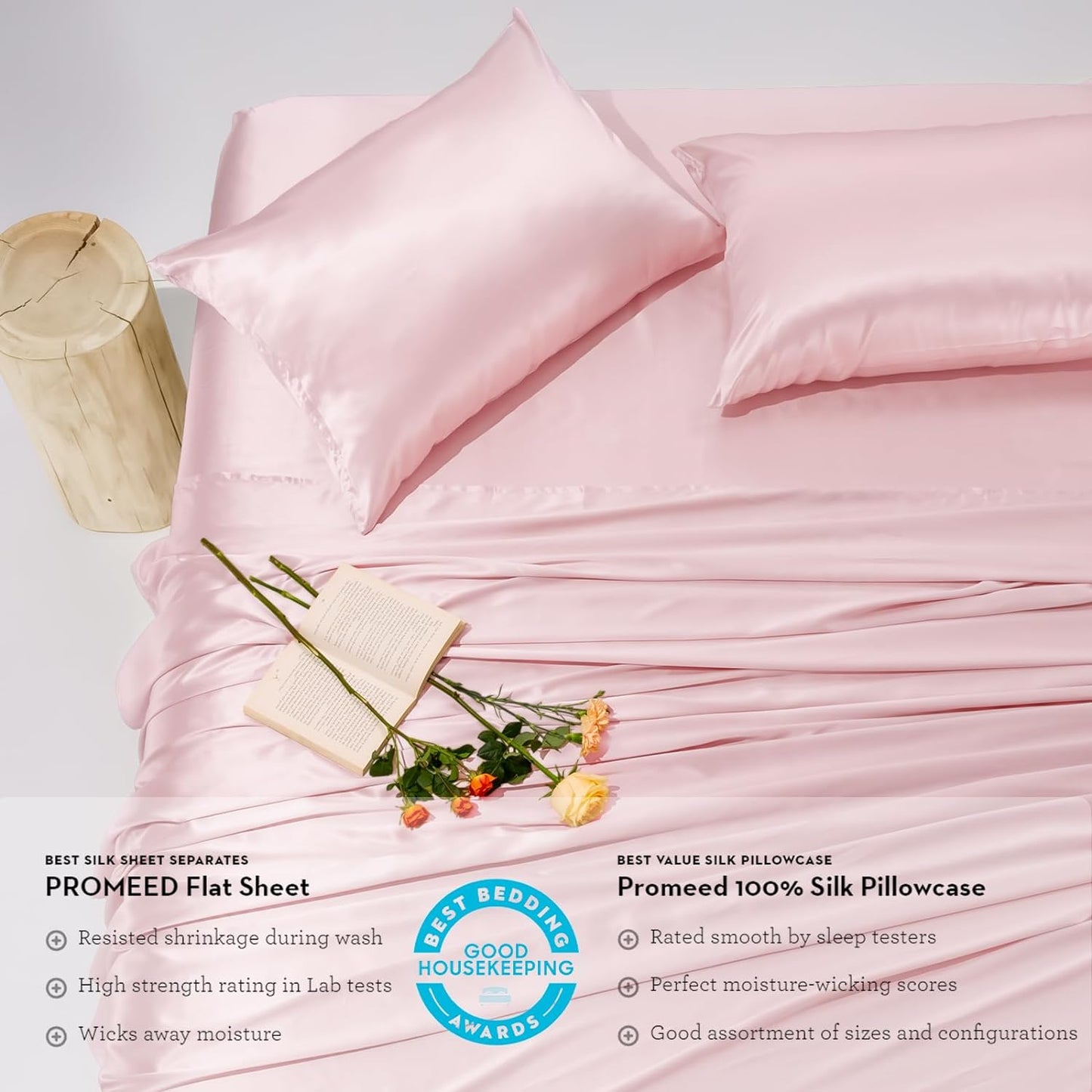 23 Momme Pink Silk Sheets King Size Set 4 Pieces, 100% Grade 6A+ Mulbery Silk Bed Sheets Sets with Fitted Sheet, Top Sheet and Pillowcases, Free Laundry Bag (Pink, King)