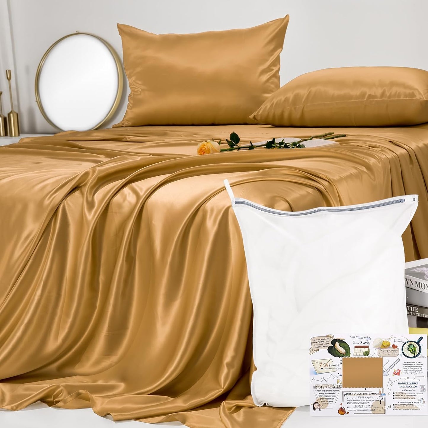23 Momme California King Silk Sheets Set 4 Pieces, Includes Flat Sheet, Fitted Sheet and 2pcs Pillowcases, 4pcs Mulberry Silk Sheet Set for Cal King Bed (Champagne, California King)