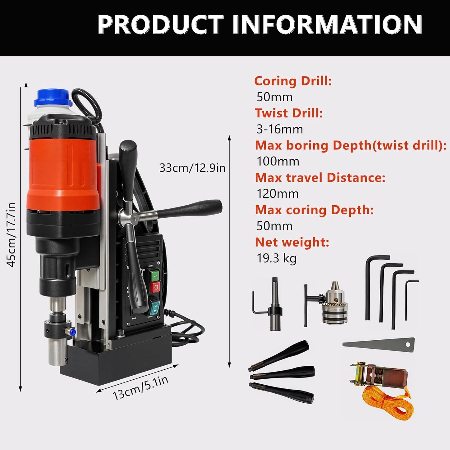 RODOVIA Magnetic Drill Press, 1800W 50mm Coring 15800N Power Magnetic Drill, 0-500 rpm Stepless Speed for Metal Surface, Industrial