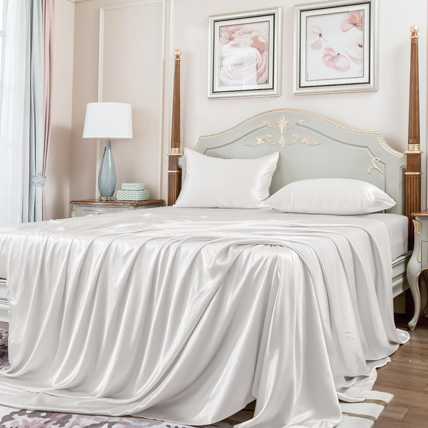 23 Momme California King Silk Sheets Set 4 Pieces, Includes Flat Sheet, Fitted Sheet and 2pcs Pillowcases, 4pcs Mulberry Silk Sheet Set for Cal King Bed (Champagne, California King)