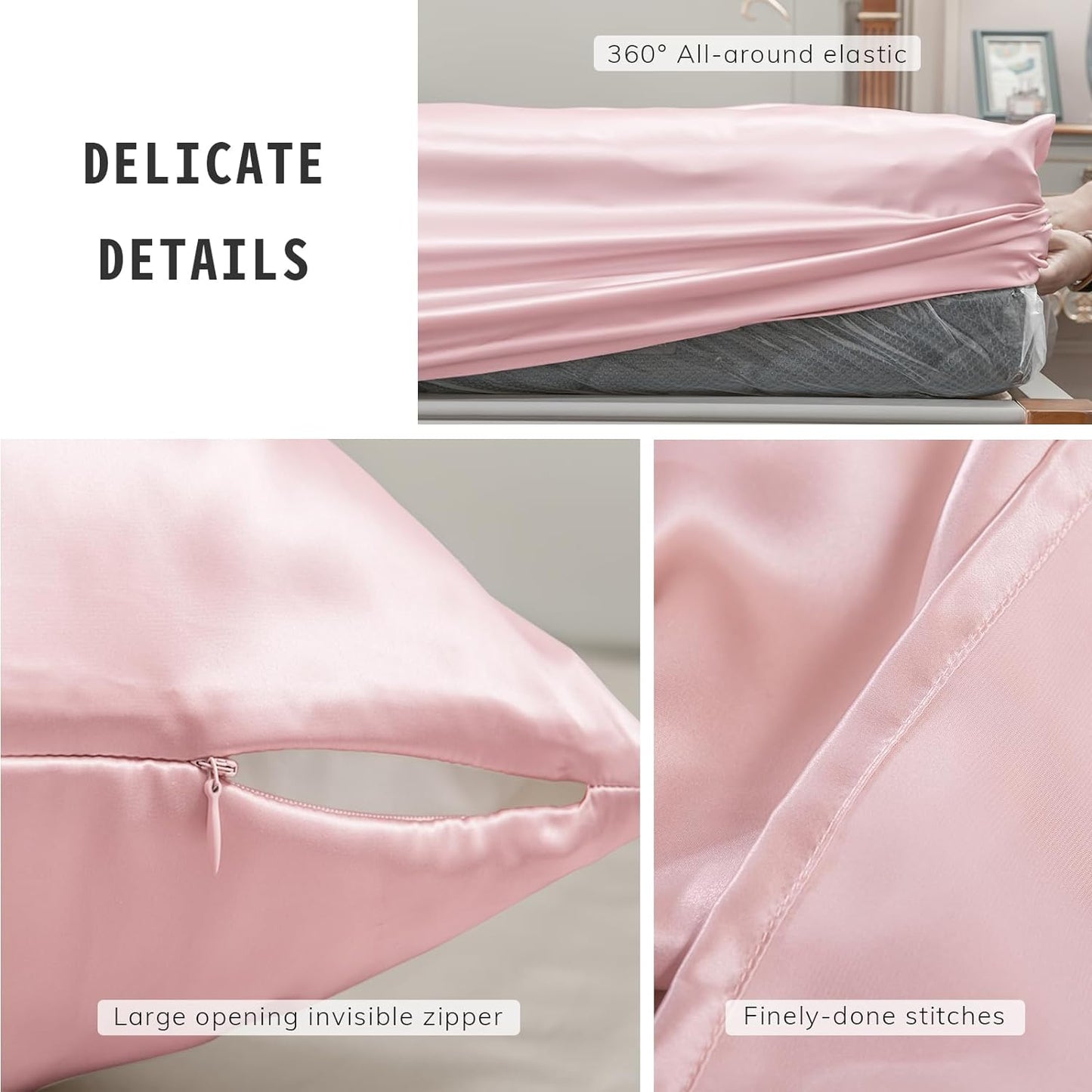 23 Momme Pink Silk Sheets King Size Set 4 Pieces, 100% Grade 6A+ Mulbery Silk Bed Sheets Sets with Fitted Sheet, Top Sheet and Pillowcases, Free Laundry Bag (Pink, King)