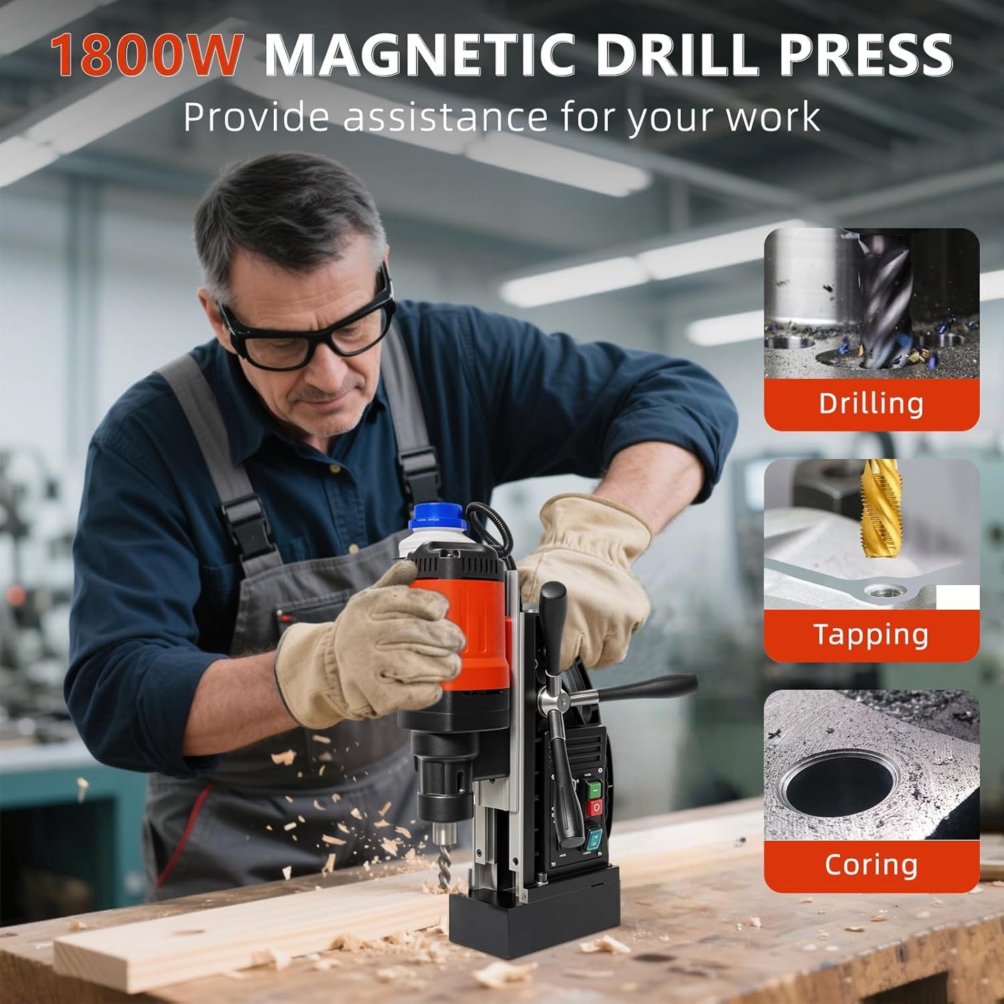 RODOVIA Magnetic Drill Press, 1800W 50mm Coring 15800N Power Magnetic Drill, 0-500 rpm Stepless Speed for Metal Surface, Industrial
