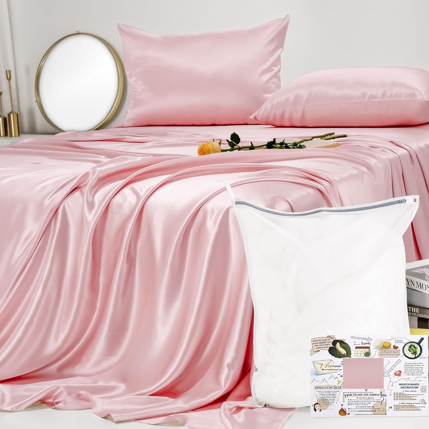23 Momme California King Silk Sheets Set 4 Pieces, Includes Flat Sheet, Fitted Sheet and 2pcs Pillowcases, 4pcs Mulberry Silk Sheet Set for Cal King Bed (Champagne, California King)