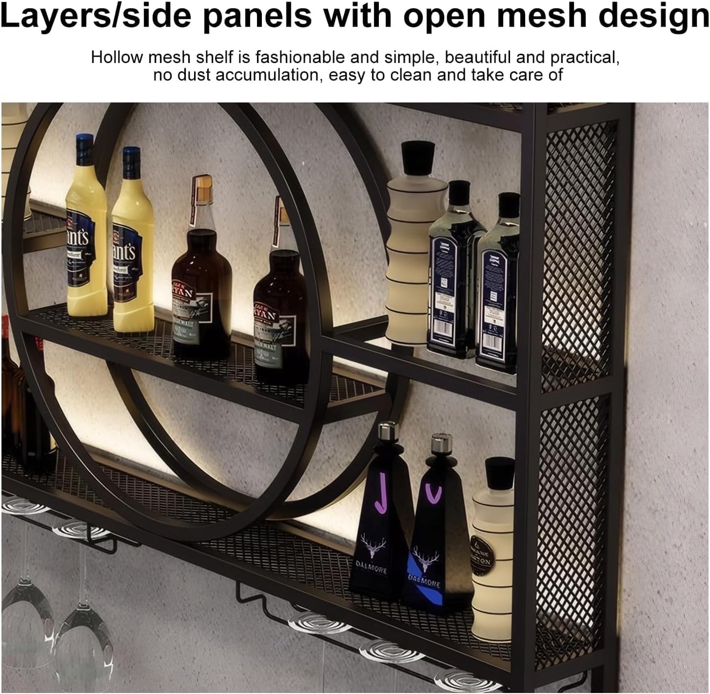ANTNX Wall Mounted Metal Wine Rack,Wine Bottle Shelf, 3-Tier Metal Bar Shelf with Glass Holder & Rust-Proof Coating,Multifunctional Display for Home/Bar/Kitchen (100cmX15cmX80cm)