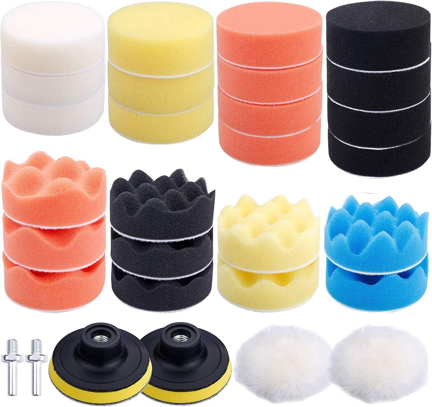 ANTNX 32 Pcs Car Foam Drill Polishing Pad Kit, 3 Inch Buffing Pads,Sponge Set Kit M10 Drill Adapter Car Polisher