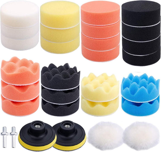 ANTNX 32 Pcs Car Foam Drill Polishing Pad Kit, 3 Inch Buffing Pads,Sponge Set Kit M10 Drill Adapter Car Polisher