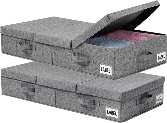 ANTNX Under bed storage box with lid 2-piece with handle with label Collapsible stackable storage box for organizing clothes, shoes, blankets, pillows, sheets (gray)
