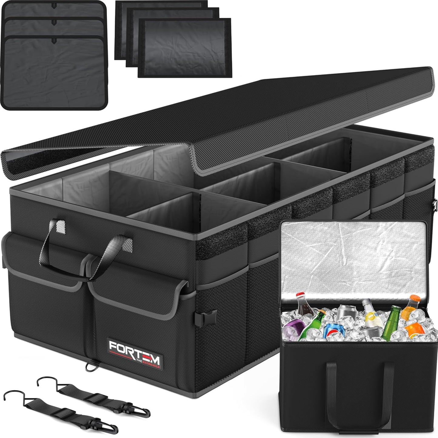 FORTEM Car Boot Organiser, Car Storage Organiser, Car Accessories, Collapsible Multi Compartment Car Organiser, Car Boot Tidy, Non Slip Bottom, Adjustable Securing Straps 65L (Black, Large)