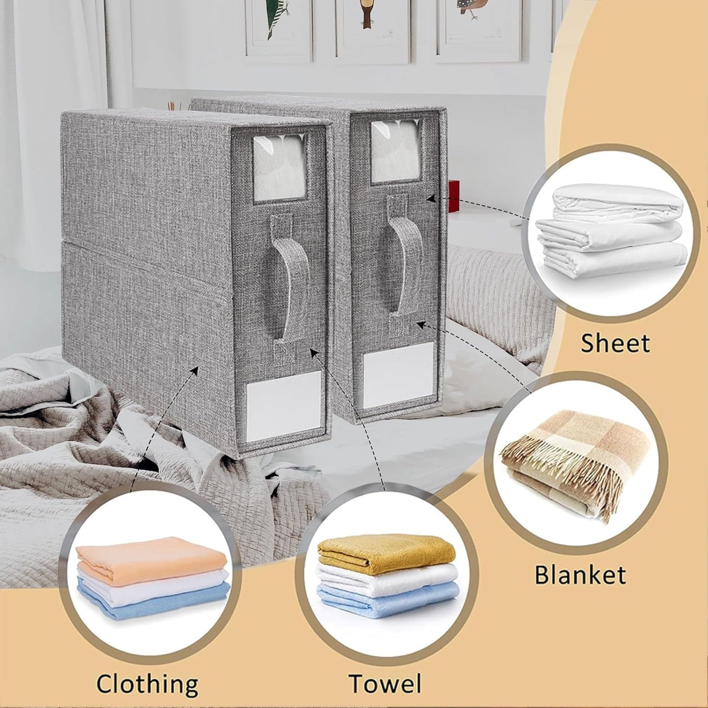 ANTNX Sheet set Storage Bag 2 pieces linen sheet cover Foldable storage box with handle for Blanket Bedding Set (grey)