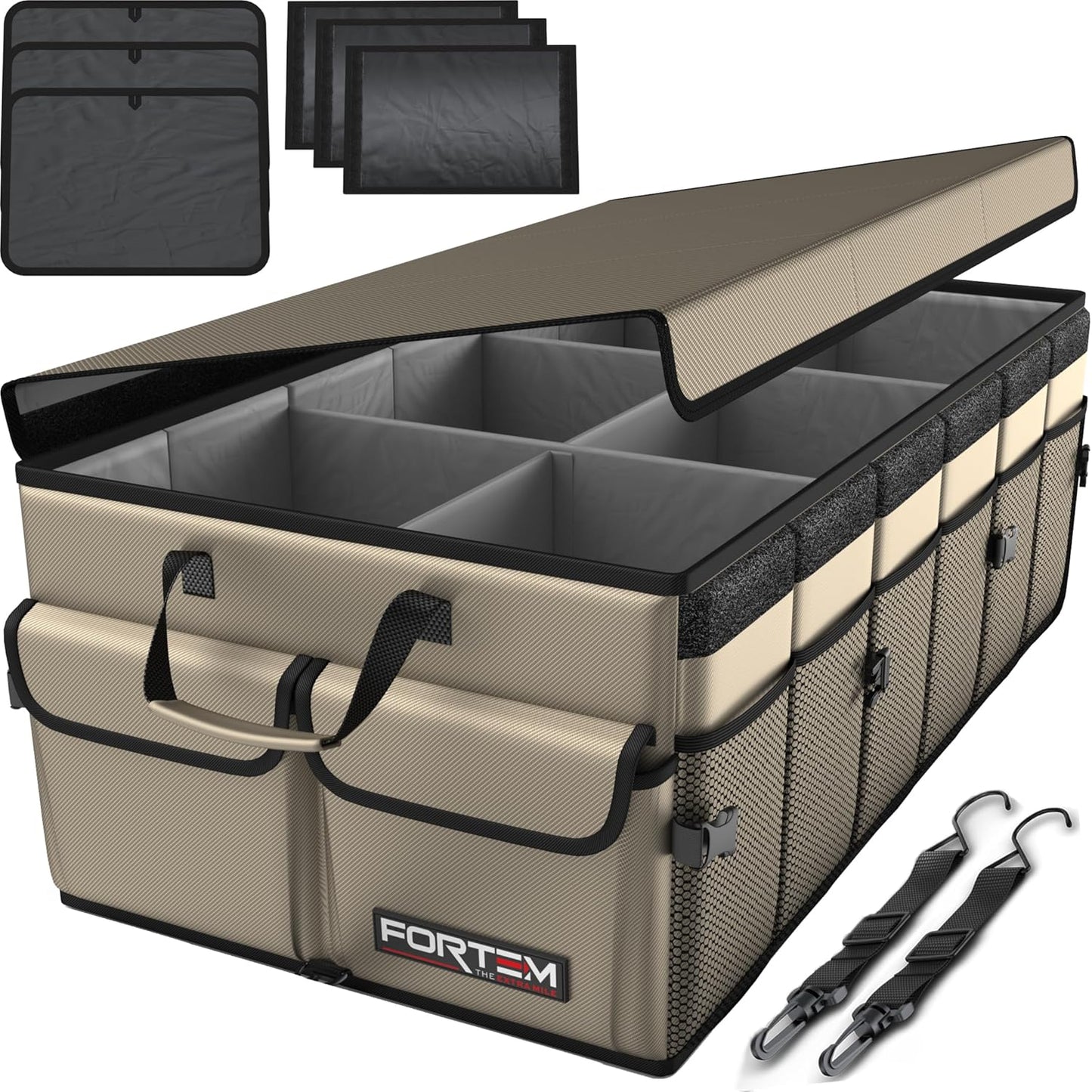 FORTEM Car Boot Organiser, Car Storage Organiser, Car Accessories, Collapsible Multi Compartment Car Organiser, Car Boot Tidy, Non Slip Bottom, Adjustable Securing Straps 65L (Black, Large)
