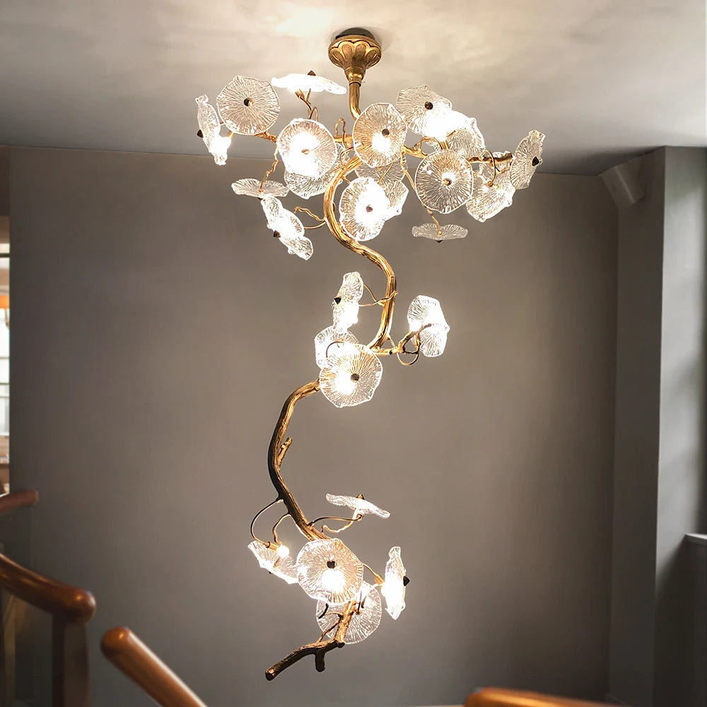 ART DECO Staircase Chandelier Long Led Copper Light for Large Hallway Lobby Loft Villa Glass Lamp Stair Home  Decorative