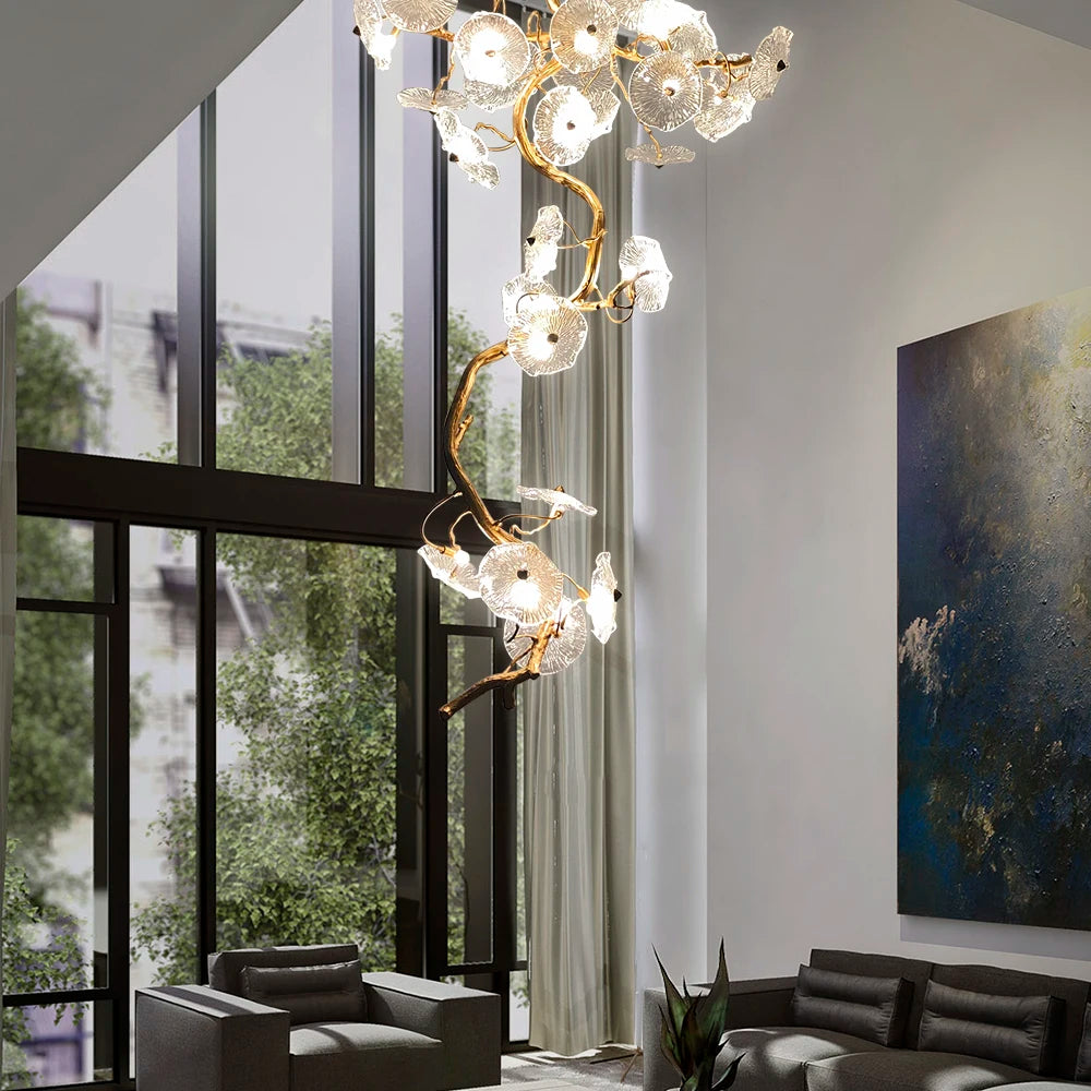 ART DECO Staircase Chandelier Long Led Copper Light for Large Hallway Lobby Loft Villa Glass Lamp Stair Home  Decorative