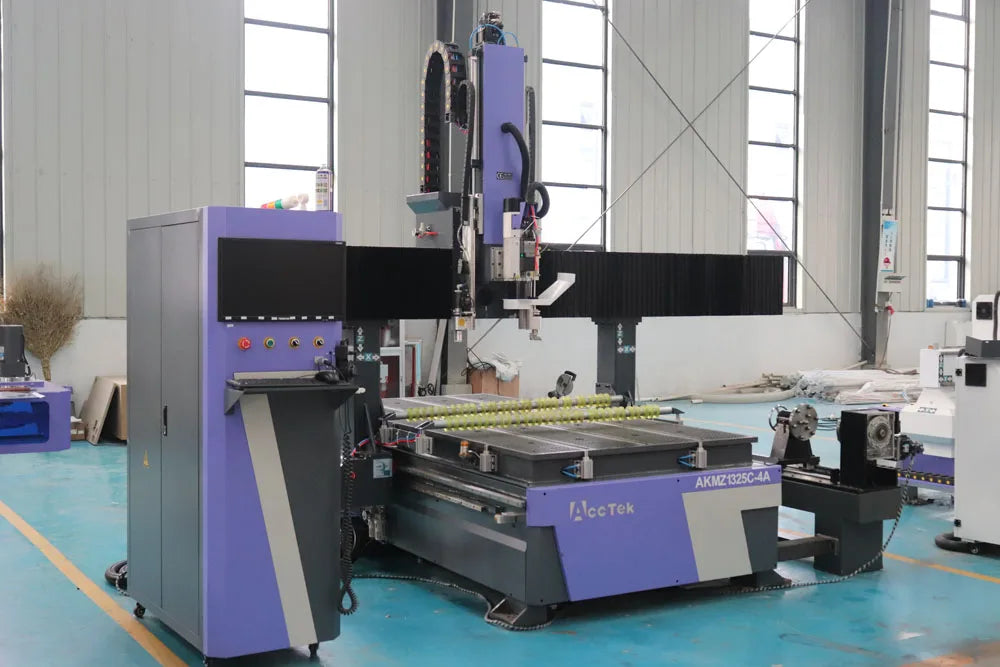 AccTek 4 Axis Cnc Router Machine Included Oscillation Knife Cutting Head Auto Tool Change with Rotary Device